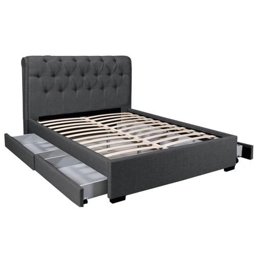 Lit 2 Places 160x200cm Chalin Gris Foncé Avec Tête De Lit Inclus Sommier Et 4 Tiroirs Pour Rangement