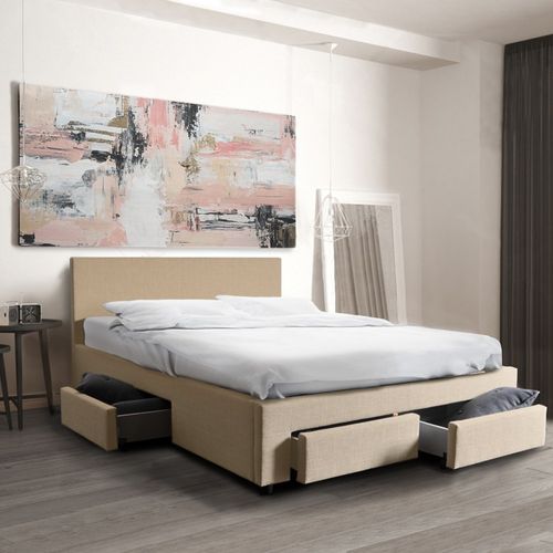 Lit 2 Places 160x200cm Tissu Beige Lougne Inclus Sommier Et 4 Tiroirs
