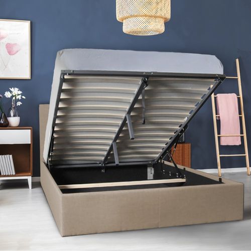 Lit Coffre 2 Places 140x190cm Tissu Beige Avec Sommier Pama