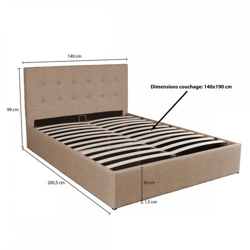 Lit Coffre 2 Places 140x190cm Tissu Beige Avec Sommier Pama