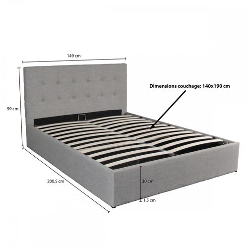 Lit Coffre 2 Places 140x190cm Tissu Gris Clair Avec Sommier Pama