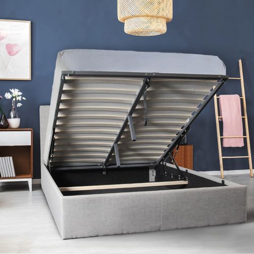 Lit Coffre 2 Places 140x190cm Tissu Gris Clair Avec Sommier Pama