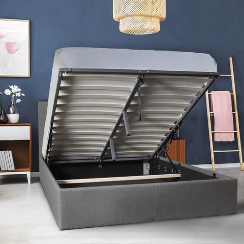 Lit Coffre 2 Places 160x200cm Tissu Gris Foncé Avec Sommier Pama