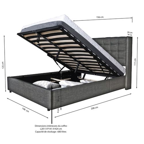 Lit Coffre 2 Places 140x190cm Tissu Gris Foncé Avec Sommier Walle