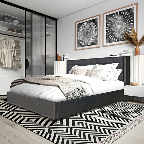 Lit Coffre 2 Places 160x200cm Tissu Gris Foncé Avec Sommier Walle