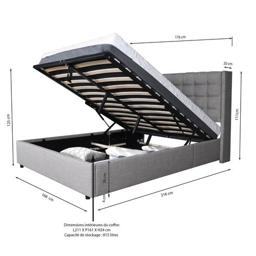 Lit Coffre 2 Places 160x200cm Tissu Gris Clair Avec Sommier Walle
