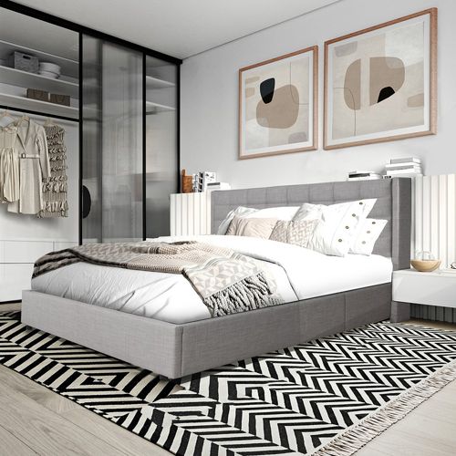 Lit Coffre 2 Places 160x200cm Tissu Gris Clair Avec Sommier Walle