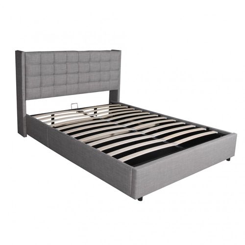 Lit Coffre 2 Places 160x200cm Tissu Gris Clair Avec Sommier Walle