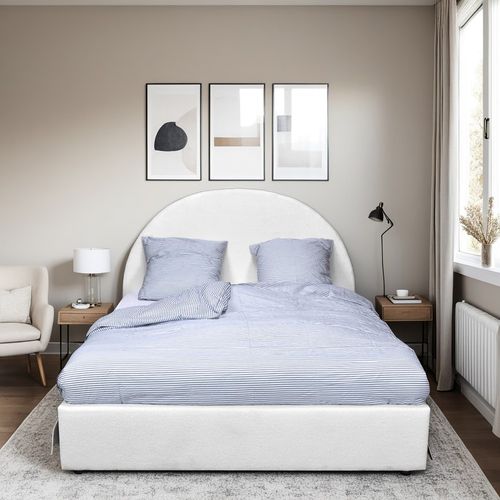 Lit Coffre 2 Places 140x190cm Tissu Bouclette Blanc Avec Sommier Sher