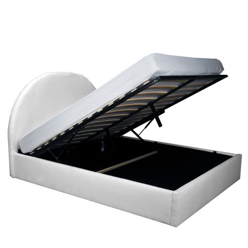 Lit Coffre 2 Places 140x190cm Tissu Bouclette Blanc Avec Sommier Sher