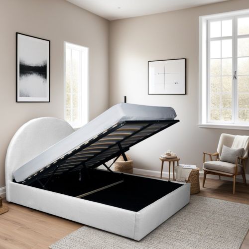 Lit Coffre 2 Places 160x200cm Tissu Bouclette Blanc Avec Sommier Sher