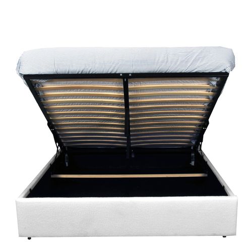 Lit Coffre 2 Places 160x200cm Tissu Bouclette Blanc Avec Sommier Sher