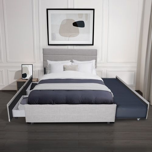 Lit 2 Places 140x200cm Avec Tiroir Lit Gris Clair Palmer Inclus Sommier Et 2 Tiroirs