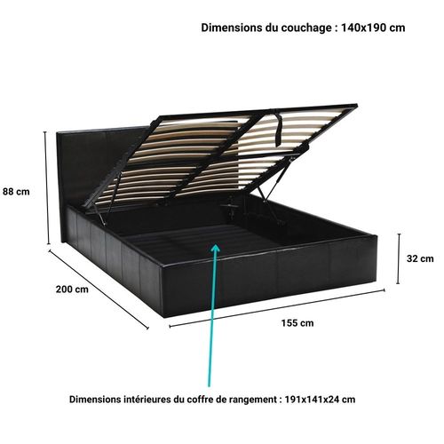 Lit Coffre 2 Places 140x190cm Noir Avec Sommier Bacelan