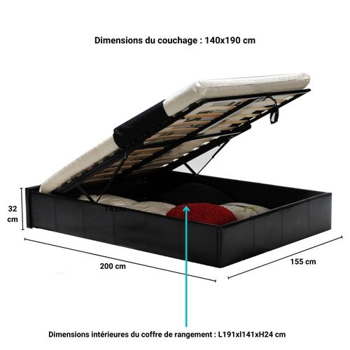 Lit Coffre 2 Places 140x190cm Noir Avec Sommier Turin