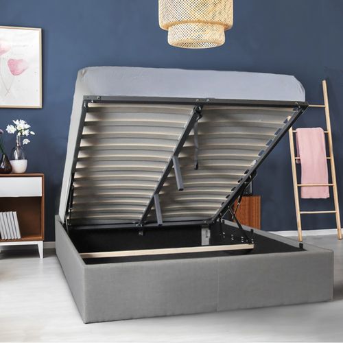 Lit Coffre 2 Places 160x200cm Gris Clair Avec Sommier Geni