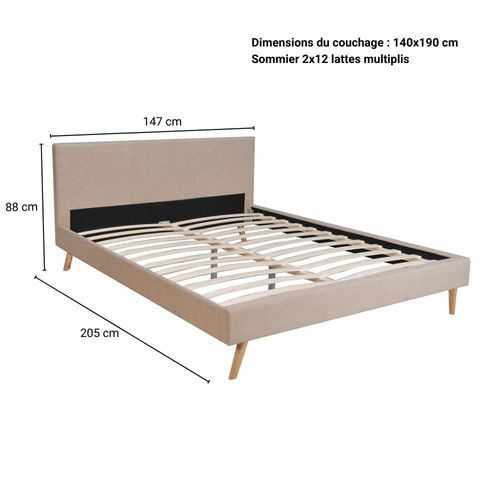 Lit 2 Places 140x190cm Beige Fioni Inclus Sommier Et Tête De Lit