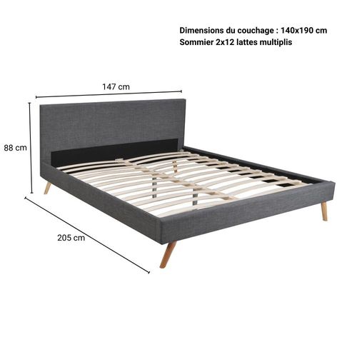 Lit 2 Places 140x190cm Gris Foncé Fioni Inclus Sommier Et Tête De Lit