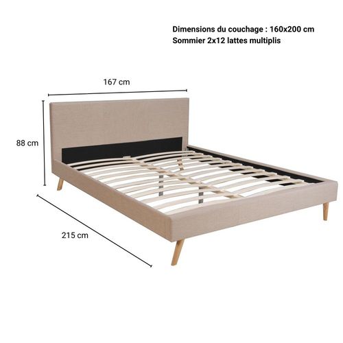 Lit 2 Places 160x200cm Beige Fioni Inclus Sommier Et Tête De Lit