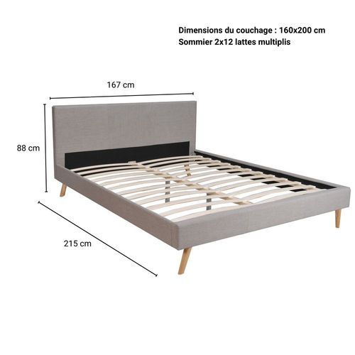Lit 2 Places 160x200cm Gris Clair Fioni Inclus Sommier Et Tête De Lit