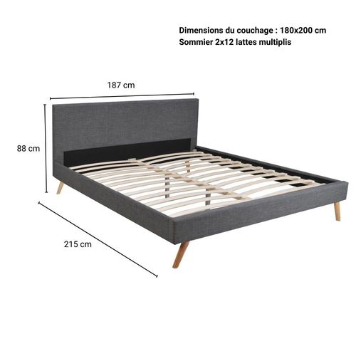 Lit 2 Places 180x200cm Gris Foncé Fioni Inclus Sommier Et Tête De Lit