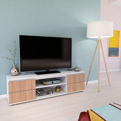 Meuble TV  140x38x40 Cm Avec 2 Portes - Blanc Et Chêne
