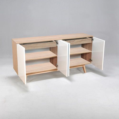 Buffet Hona 160x42x80 Cm Avec 2 Tiroirs Intérieurs - Blanc Et Chêne