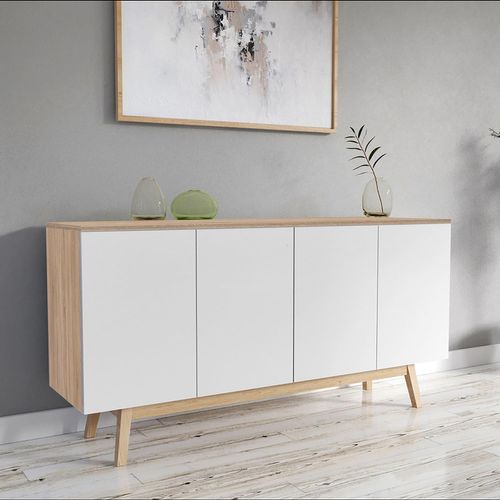 Buffet Hona 160x42x80 Cm Avec 2 Tiroirs Intérieurs - Blanc Et Chêne