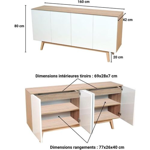 Buffet Hona 160x42x80 Cm Avec 2 Tiroirs Intérieurs - Blanc Et Chêne