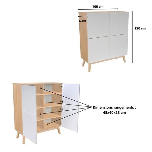 Buffet 100x42x120 Cm Avec 4 Portes Hona - Blanc Et Chêne