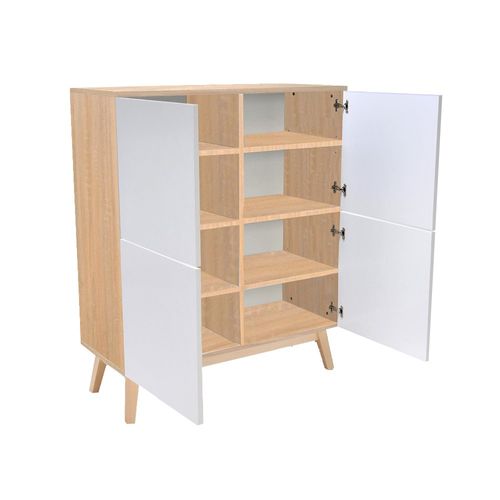 Buffet 100x42x120 Cm Avec 4 Portes Hona - Blanc Et Chêne