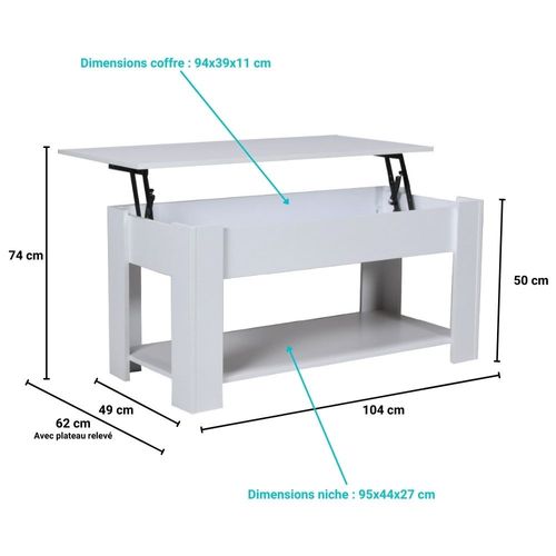 Table Relevable 100x50cm Blanc Avec Étagère De Rangement Table Salon Bureau Ufuk
