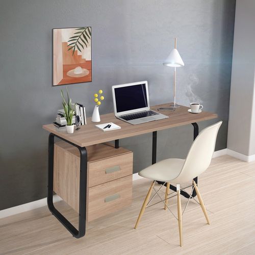 Bureau 120x60cm Couleur Chêne Et Metal Noir Avec 2 Tiroirs Perle