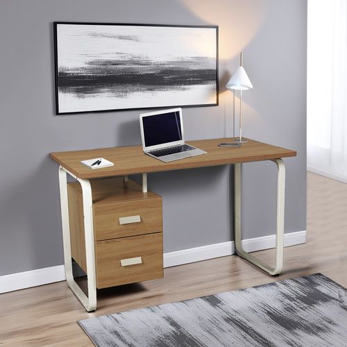 Bureau 120x60cm Couleur Chêne Et Metal Blanc Avec 2 Tiroirs Perle