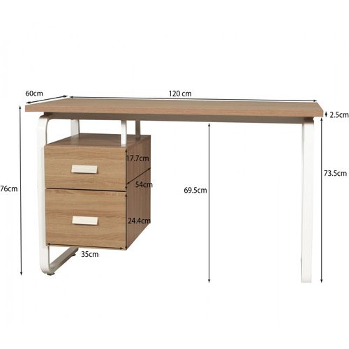 Bureau 120x60cm Couleur Chêne Et Metal Blanc Avec 2 Tiroirs Perle