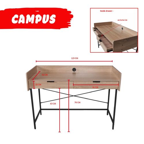 Bureau 123x54cm Couleur Chêne Et Metal Noir Cami Avec 2 Tiroirs