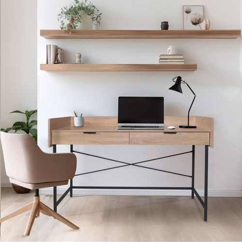 Bureau 123x54cm Couleur Chêne Et Metal Noir Cami Avec 2 Tiroirs