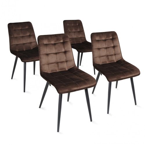 Lot De 4 Chaises En Tissu Velours Marron Pieds Métal Confortable Mila