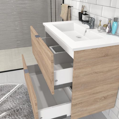 Meuble Vasque Salle De Bain Avec Lavabo 60x46x64cm Couleur Chêne Mali 2 Tiroirs