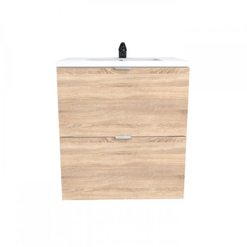 Meuble Vasque Salle De Bain Avec Lavabo 60x46x64cm Couleur Chêne Mali 2 Tiroirs
