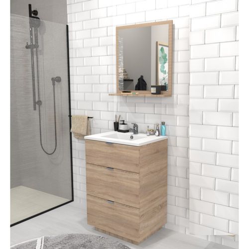 Meuble Vasque Salle De Bain Avec Lavabo 60x47x91cm Couleur Chêne Bello 3 Tiroirs
