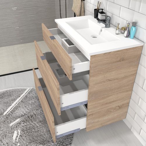Meuble Vasque Salle De Bain Avec Lavabo 60x47x91cm Couleur Chêne Bello 3 Tiroirs