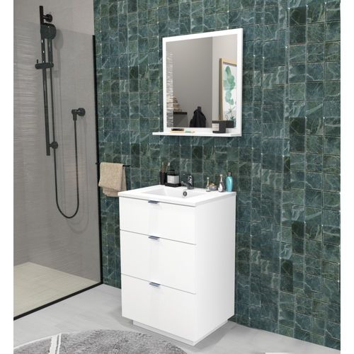 Meuble Vasque Salle De Bain Avec Lavabo 60x47x91cm Blanc Bello 3 Tiroirs