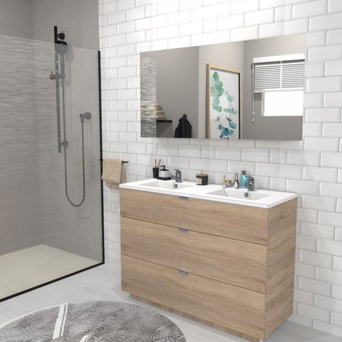 Meuble Vasque Salle De Bain Avec Lavabo 120xx47x91cm Couleur Chêne Bello 3 Tiroirs