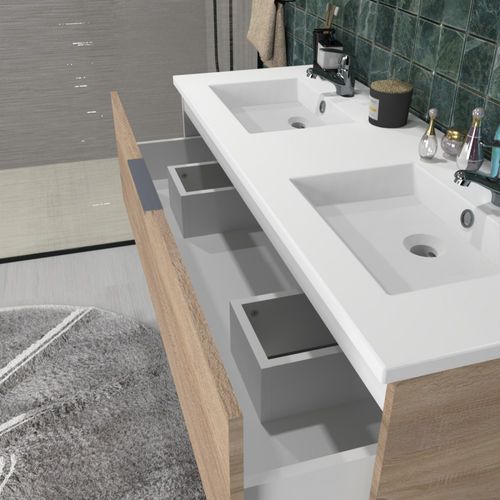 Meuble Vasque Salle De Bain Avec Lavabo 120xx47x91cm Couleur Chêne Bello 3 Tiroirs