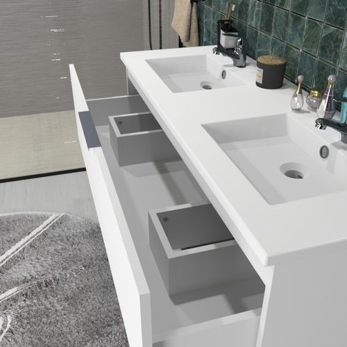 Meuble Vasque Salle De Bain Avec Lavabo 120xx47x91cm Blanc Bello 3 Tiroirs