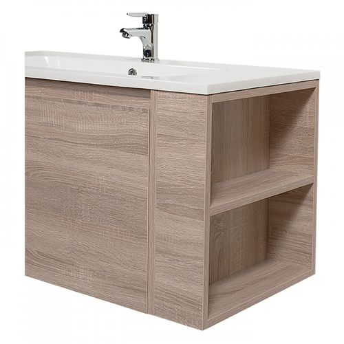 Meuble Vasque Salle De Bain Avec Lavabo 100x46x50cm Chêne Vela 1 Tiroir Et Étagère