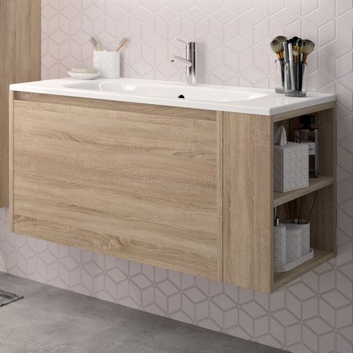 Meuble Vasque Salle De Bain Avec Lavabo 100x46x50cm Chêne Vela 1 Tiroir Et Étagère