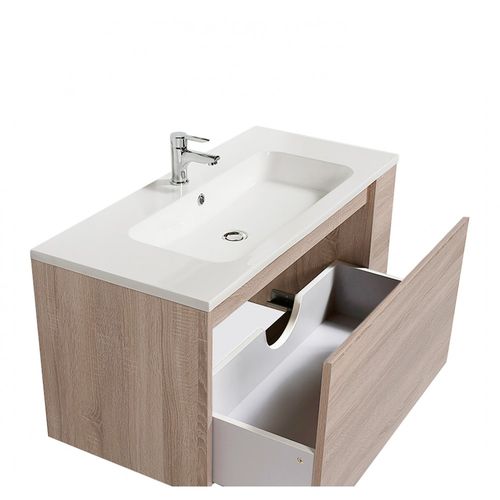 Meuble Vasque Salle De Bain Avec Lavabo 100x46x50cm Chêne Vela 1 Tiroir Et Étagère