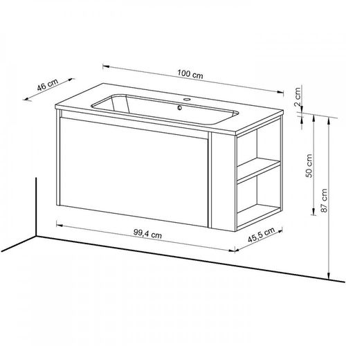 Meuble Vasque Salle De Bain Avec Lavabo 100x46x50cm Chêne Vela 1 Tiroir Et Étagère